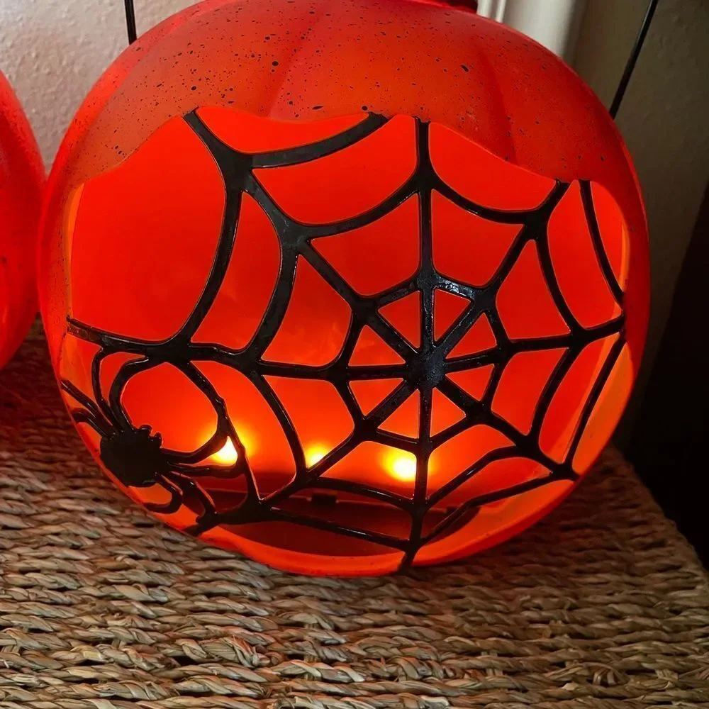 Holiday Home LED Fire Pumpkins Spider Web Design set of 2!
